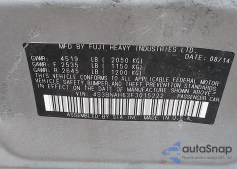 2015 Subaru Legacy 2.5I Premium z USA, uszkodzony, nr VIN 4S3BNAH63F3015222